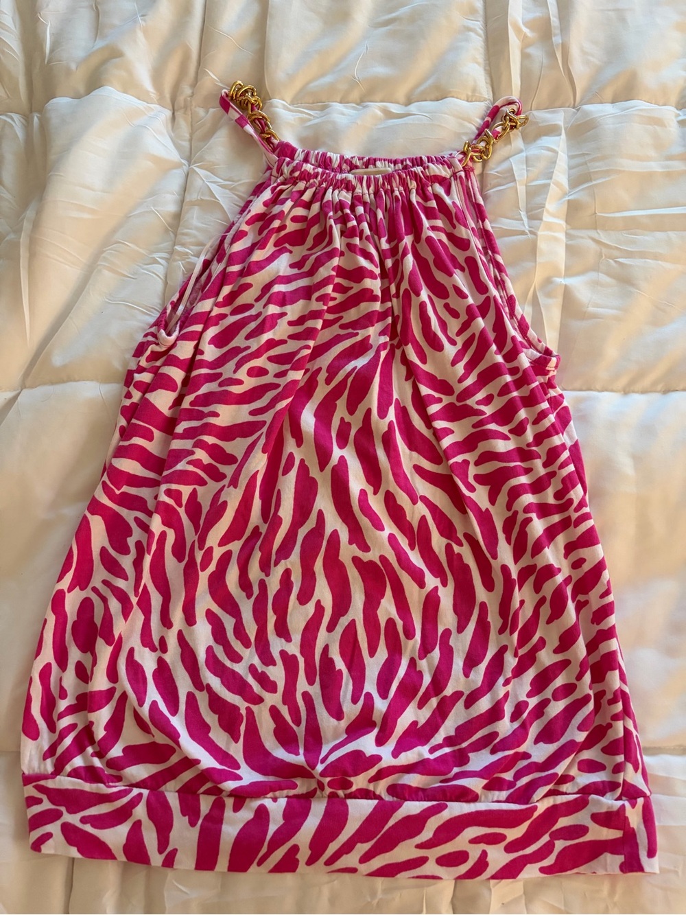 Michael Kors Pink and Cream Animal-Print Halter Dress with Gold Chain Straps